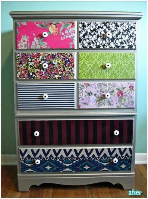 decoupage fabric onto a chest of drawers to customize it