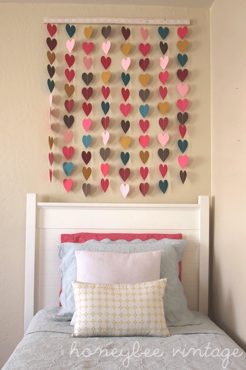 paper hearts on strings to make wall art