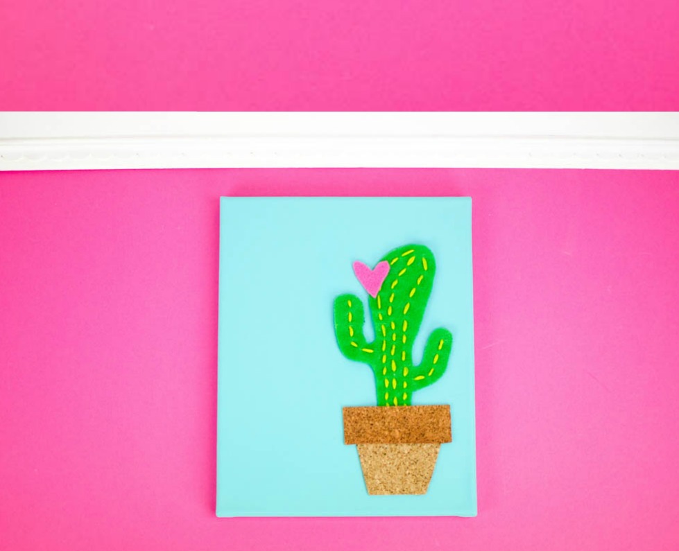 diy cactus canvas, diy canvas art, diy wall art, felt cactus 