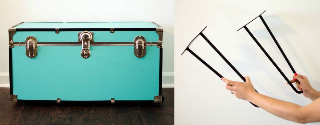 DIY Trunk table, pin legs, how to use pin legs, college trunk diy, mid centry table, diy mid-century modern