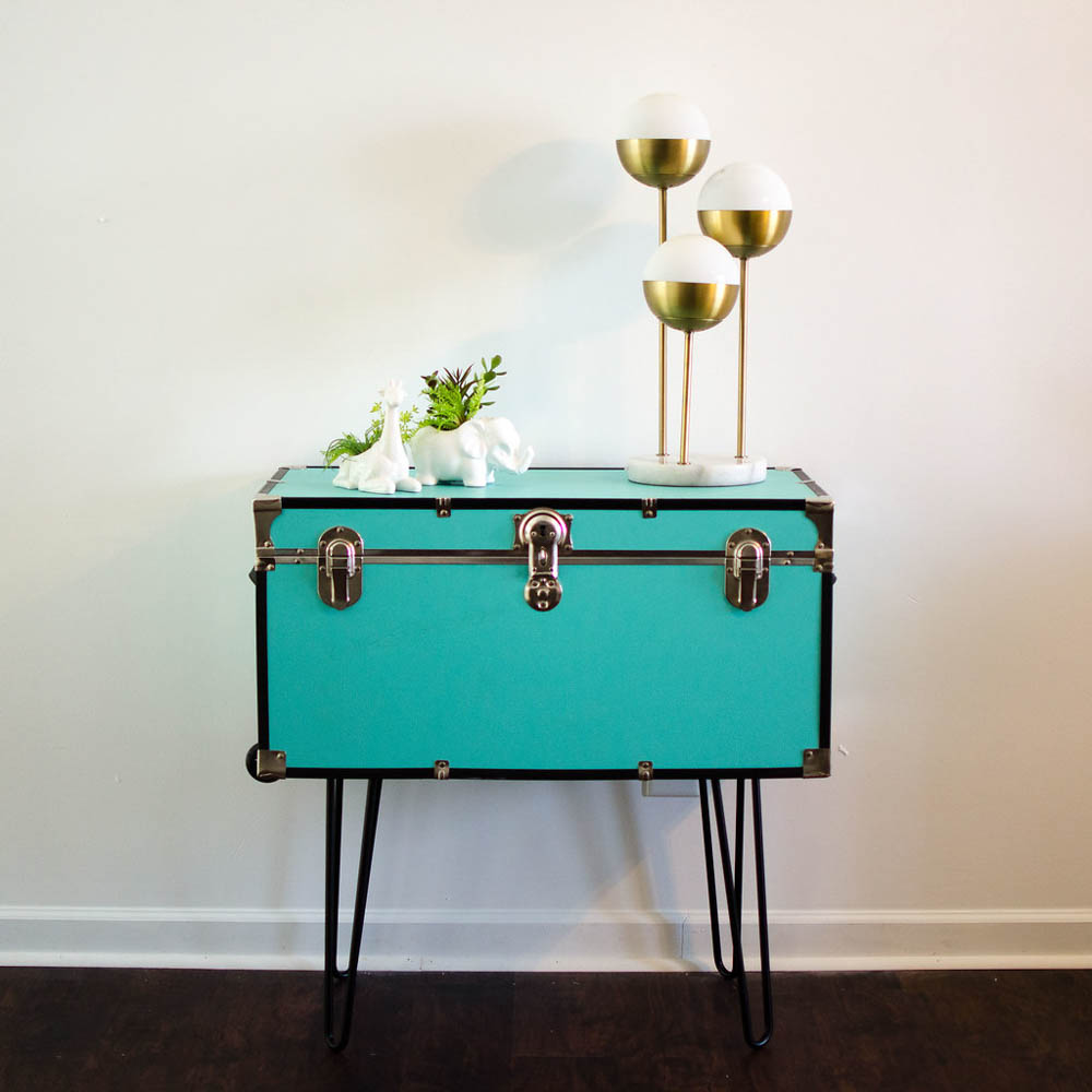 DIY Trunk table, pin legs, how to use pin legs, college trunk diy, mid centry table, diy mid-century modern
