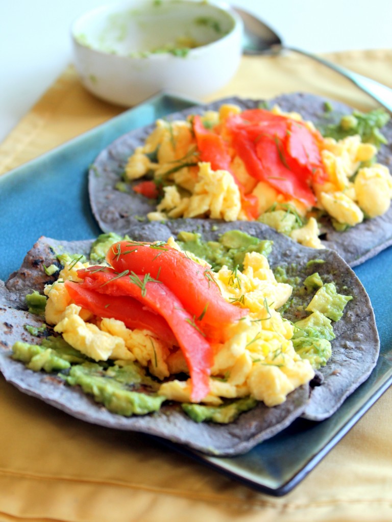 BLUE CORN BREAKFAST TACOS WITH SCRAMBLED EGGS, SMOKED SALMON, AVOCADO + DILL 