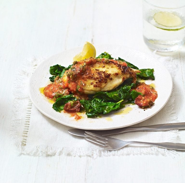 Grilled Cherry Tomato Sauce with Pan-fried Chicken Breast and Spinach 