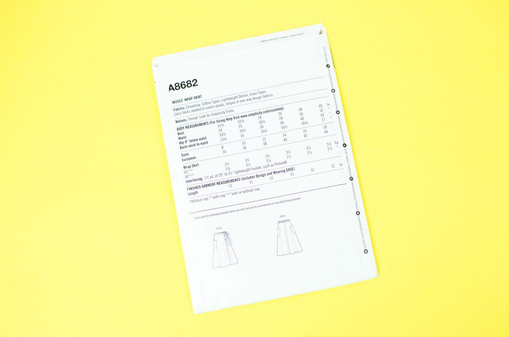 Back of sewing pattern showing information on measurements, fabric and tool recommendations.