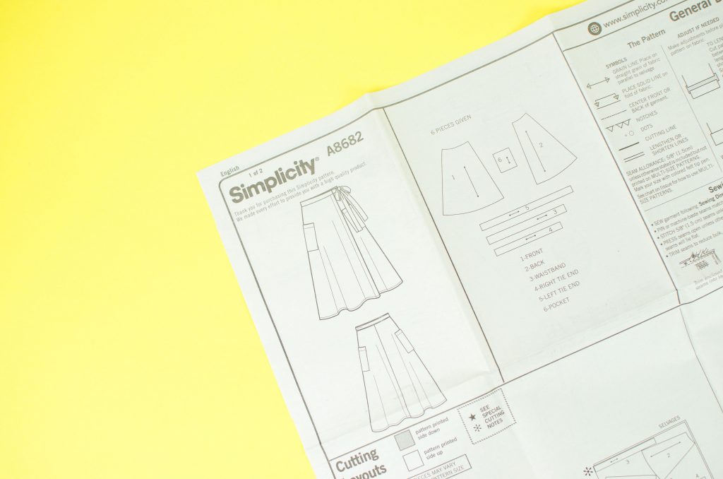 Sewing pattern instruction sheet showing sketch of the final product