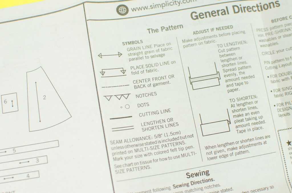 Sewing pattern instruction sheet showing symbols key