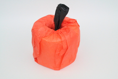 roll of toilet paper decorated to look like a pumpkin