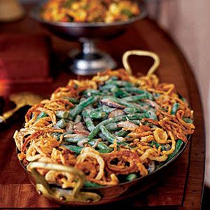 New green bean casserole topped with French fried onion