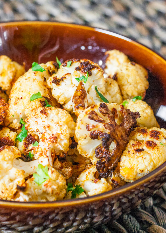 cauliflower pieces coated with spices and roasted to perfection