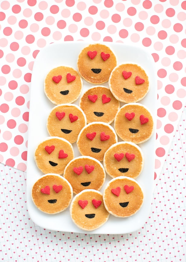 Mini pancakes with smiley and heart eyes emoji