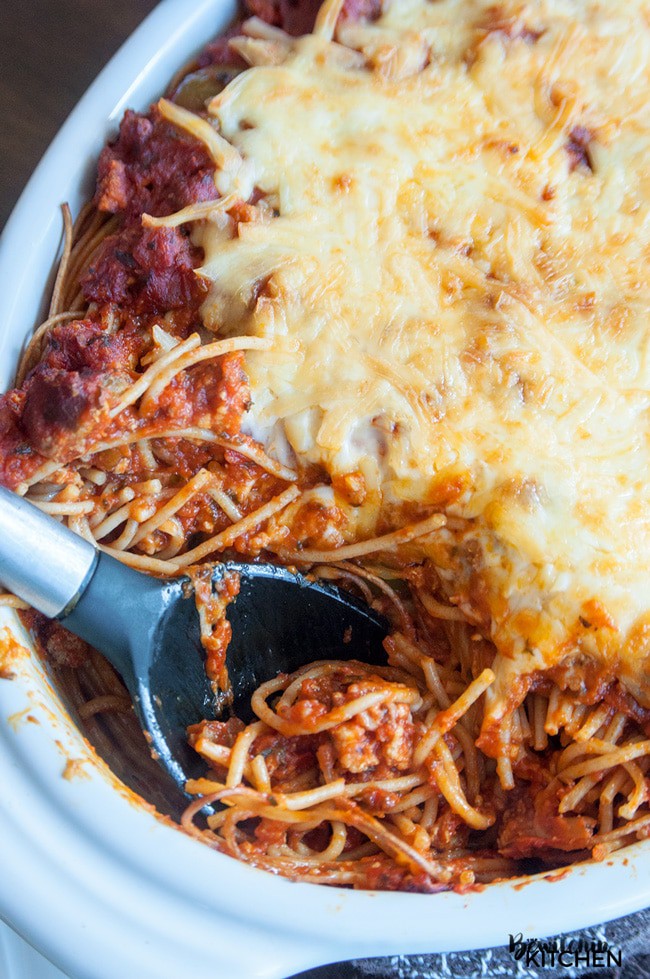 Skinny baked spaghetti with tons of light cheese on top