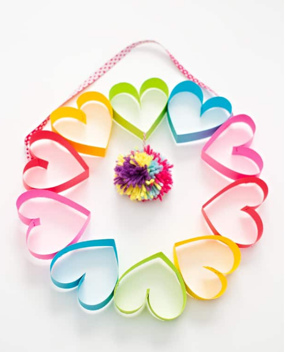 Rainbow paper heart pompom wreath