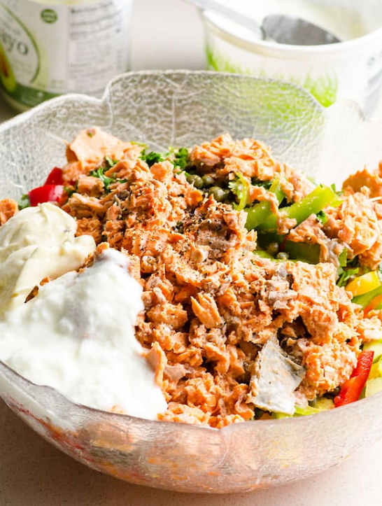 Creamy and crunchy nutrient-dense canned salmon salad that is healthy and easy to make meal