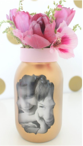 Mother's day vase with a photo of the kids on it and a beautiful pink flowers