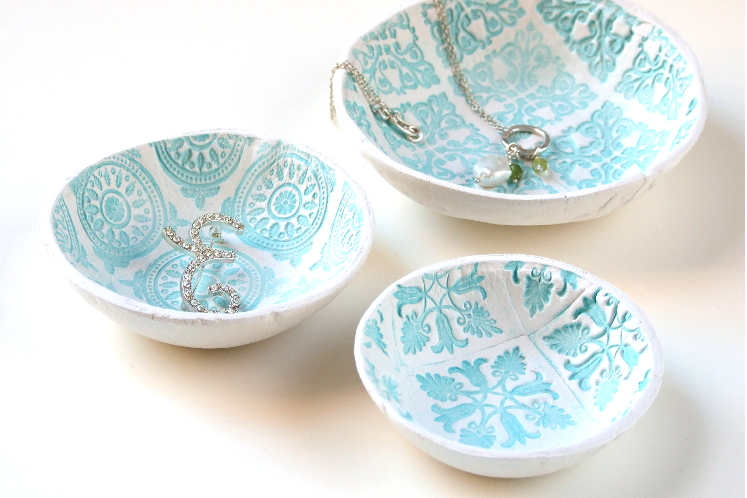 air dry clay bowls with designs pressed into them 