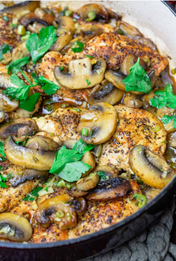 Chicken breast cutlets cooked in extra virgin olive oil, then covered in a light and flavor-packed mushroom and garlic sauce