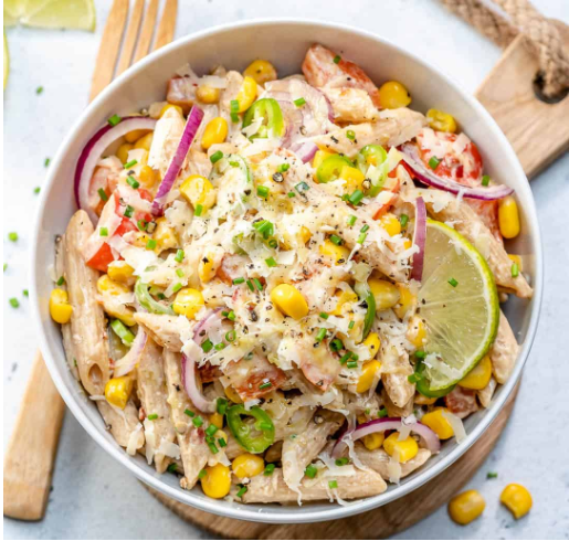 A bowl of Mexican street corn pasta salad