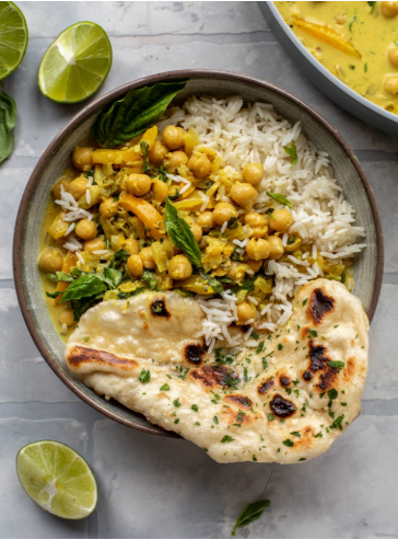 A warming and flavorful basil chickpea curry under 20 minutes