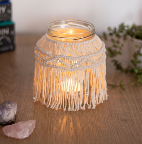 candle jar decorated with macrame