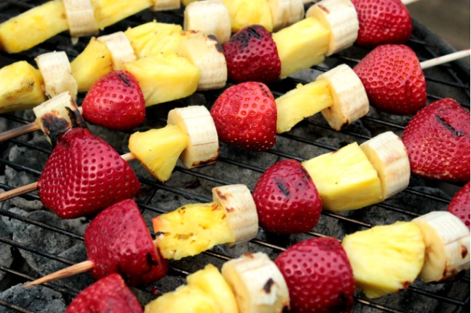 Grilled pineapple, banana, and strawberries kabobs