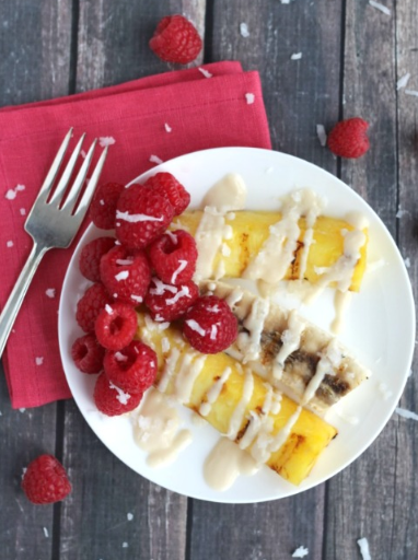 caramelized pineapples, raspberries and bananas with sweet almond-ricotta sauce