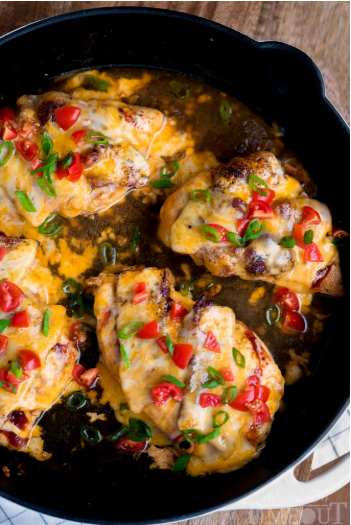 A skillet monterey chicken dish with barbecue sauce, bacon, and cheese for dinner