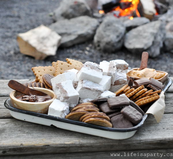 S'mores charcuterie board a perfect summer treat themed dessert for camping activity