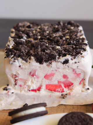 A slice of Strawberry and Oreo frozen fruit dessert