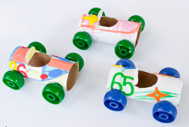 Three colorful toilet paper roll car