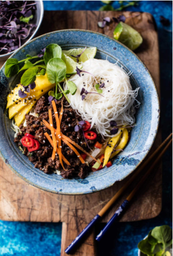 Asian basil beef and mango noodle salad under 30 minutes