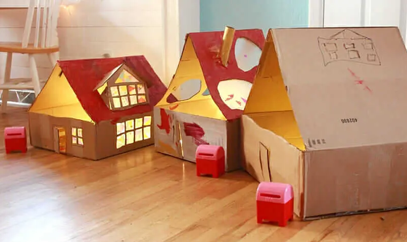 DIY Cardboard Dollhouse with Lights Art Craft For Kids