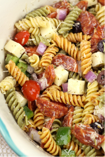 Classic pasta salad filled with pepperoni, cheese, veggies, and a homemade vinaigrette dressing