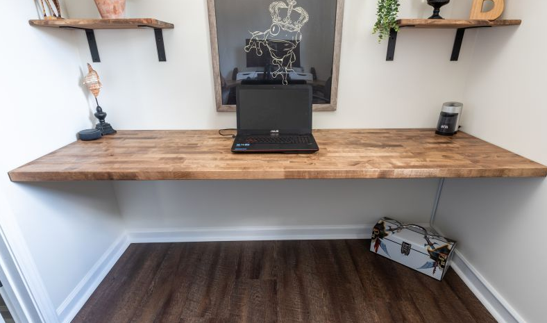DIY Floating Wall-to-Wall Desk made with a butcher block countertop sturdy work/study 