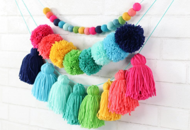 colorful pompom and tassel garland 