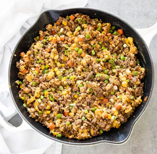 An easy to make ground beef fried rice in under 30 minutes