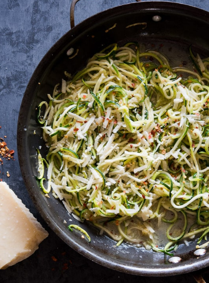 Zucchini noodles with garlic , butter and parmesan