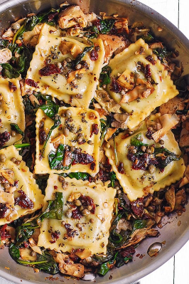 Italian Ravioli with spinach, artichokes, capers,  and sun-dried tomatoes