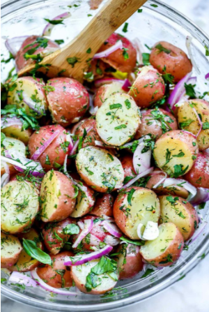 healthy no-mayo potato salad with fresh herbs and an easy olive oil dressing