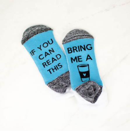 personalized iron-on socks with text saying If you can read this bring me a image of a coffee cup 