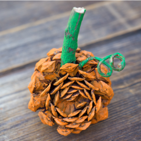 A pine cone painted orange and added a stick on top of it to look like a pumpkin
