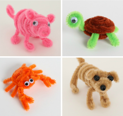 adorable pig, turtle, crab, and dog made from pipe cleaners
