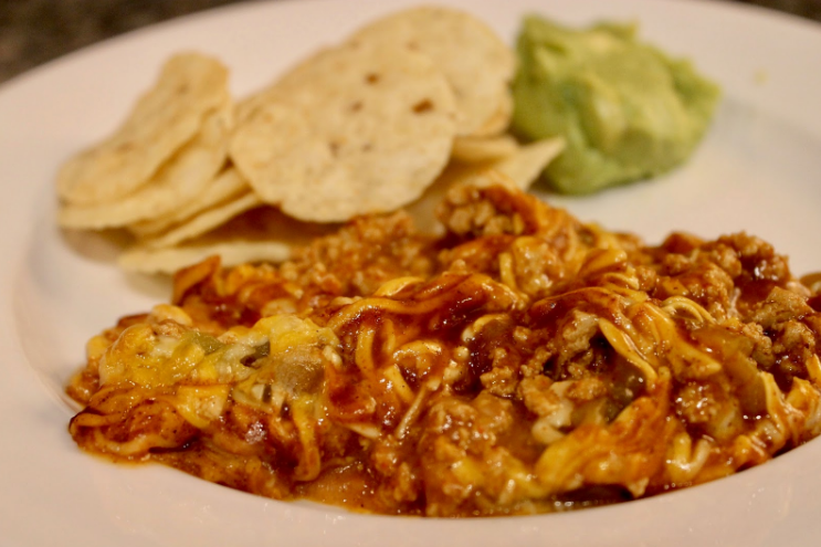Easy baked Mexican dip served with tortilla chips