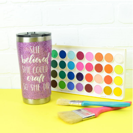 Resin and glitter tumbler with text saying She believed she could craft so she did
