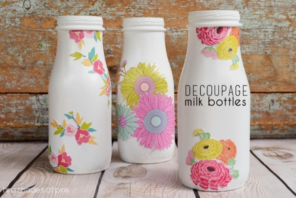 Pretty decoupage milk bottles