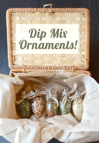 Dip mix ornaments on a basket, the cover of the basket has a text on it saying Dip Mix Ornaments. A perfect edible stocking stuffer