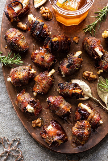 Goat cheese stuffed bacon wrapped dates with rosemary honey
