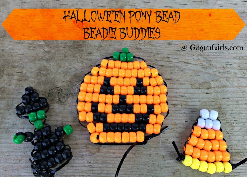 pony bead beadie buddies, a candy corn, a witch and a jack-o’-lantern