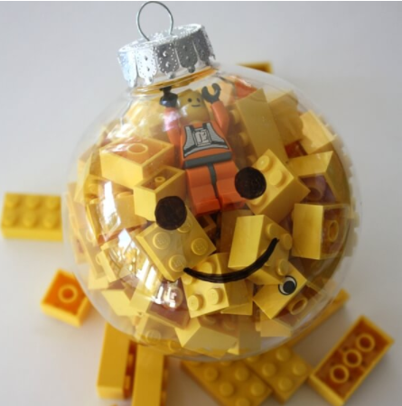 An ornament full of color yellow Legos perfect for stocking stuffer