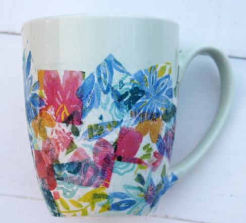 A colorful mod podge napkin mug handmade gift idea