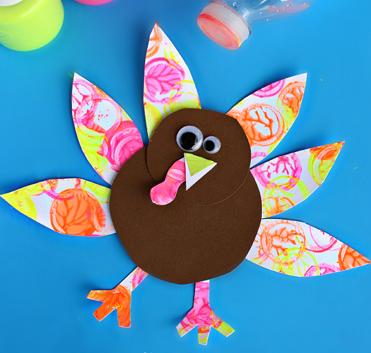 neon turkey craft for kids holiday bottle cap painting
